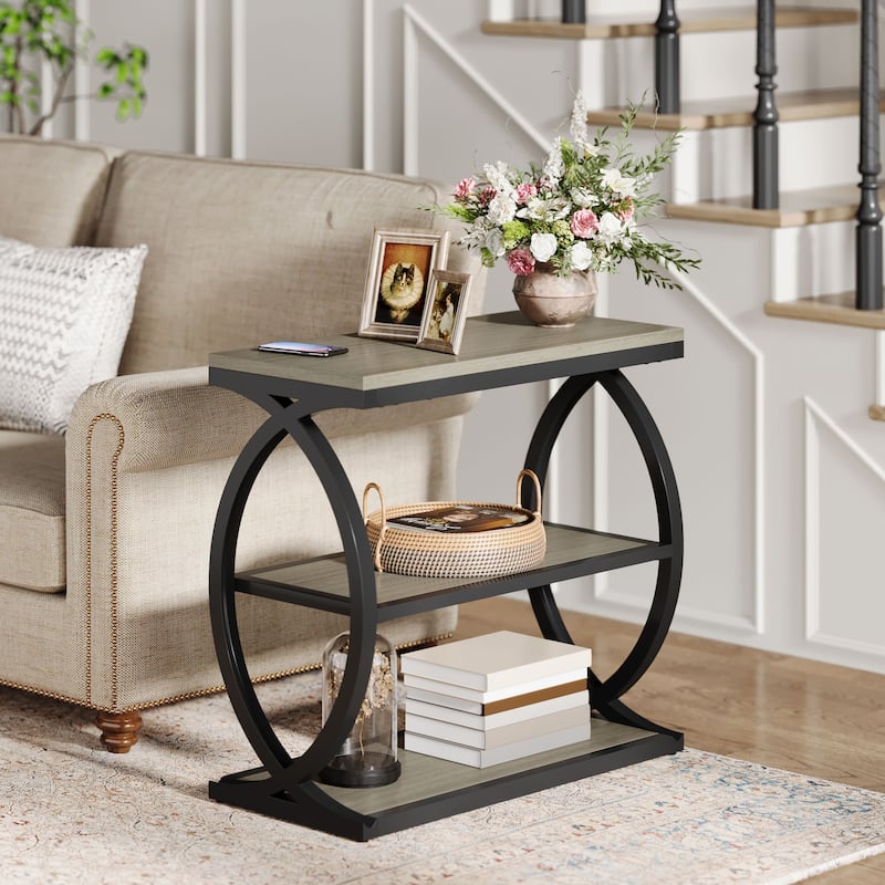 Small 3-Tier End Table for Living Room, Industrial Wooden Side Table with Metal Frame, Rustic Brown - 1Pack-Grey