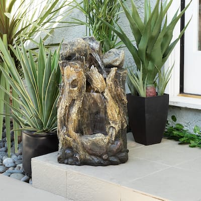 Alpine Corporation 22" Tall Outdoor Rainforest Tree Trunk and Stone Waterfall Fountain with LED Lights