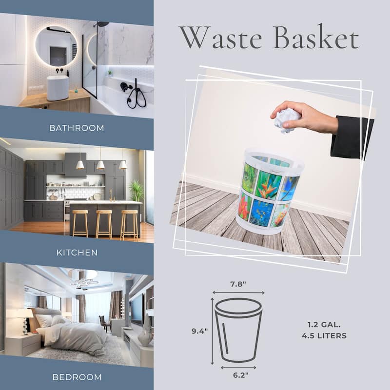 Island Bathroom Accessory Set - Decorative Plastic Waste Basket and Toilet Brush - 9.4" H x 7.8" W x 6.2" L