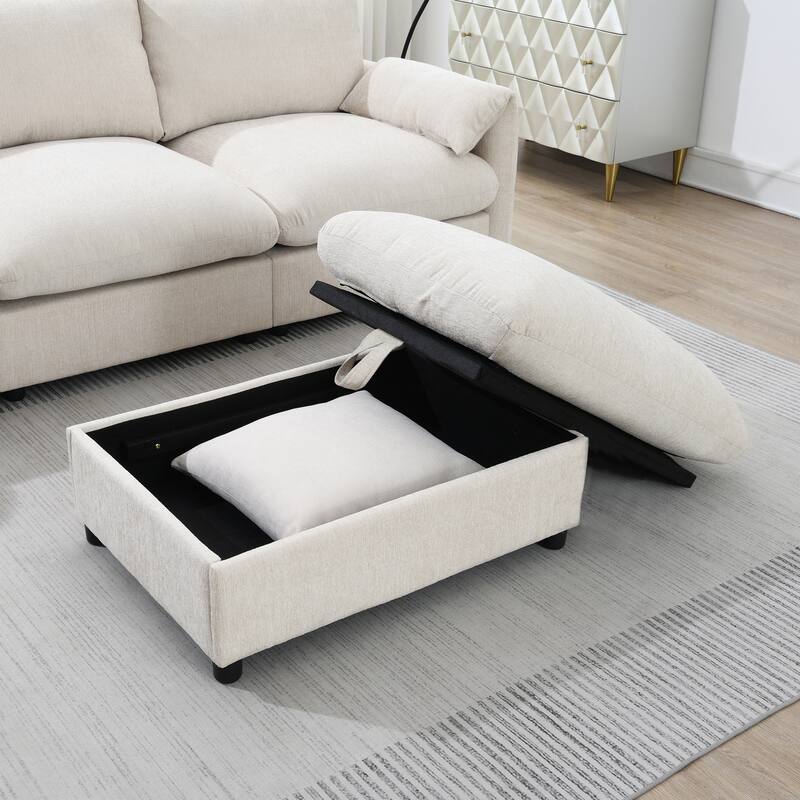 L-Shaped Sectional Chenille Sofa with Storage Ottoman, Phone Holder, USB Charger, Elephant Ear-Shaped Armrests and Pockets