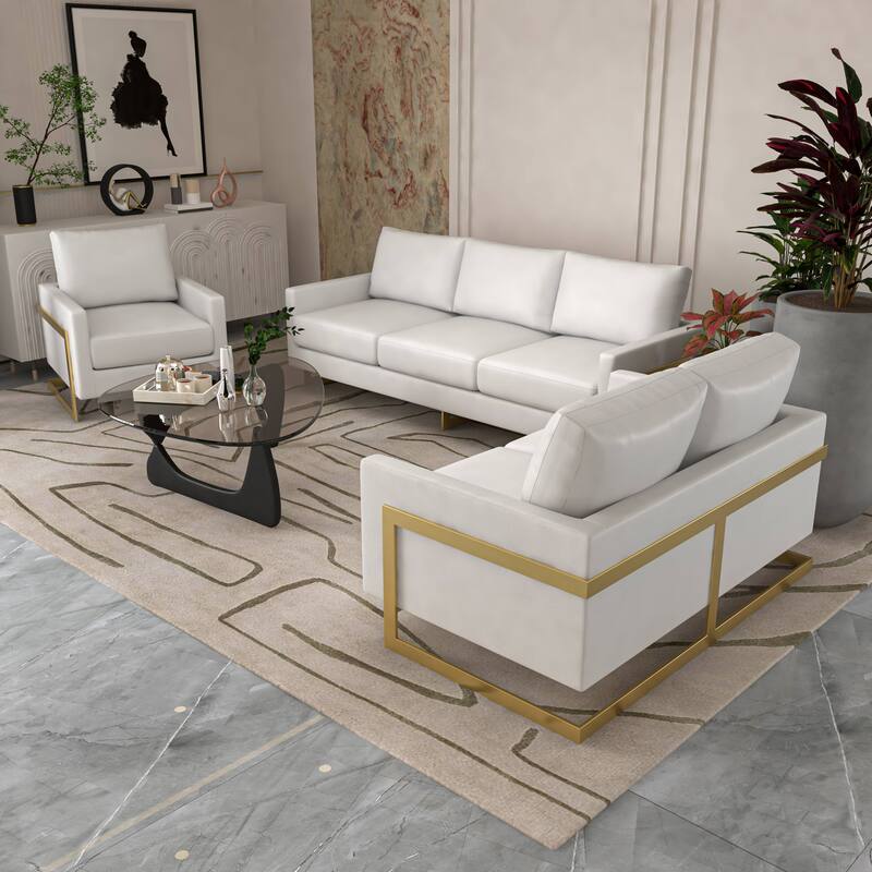 3-Piece Leather Sofa Set with Gold Stainless Steel Base and Removable Cushions