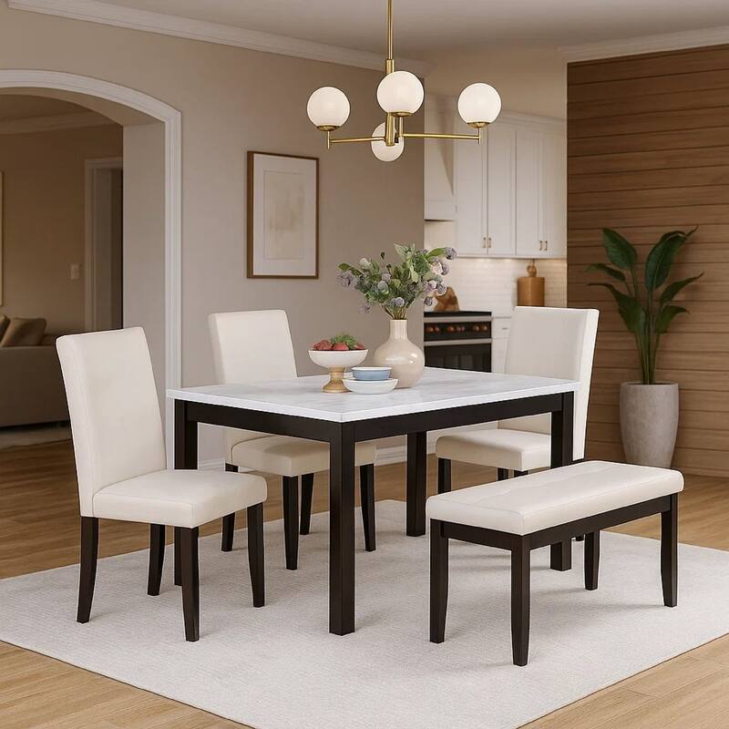 Wesley 5pc Dining Table Set, White Faux-Leather, Faux Marble, Cherry Brown