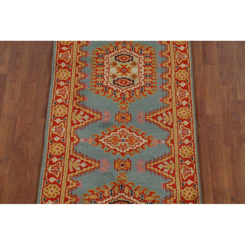 Geometric Viss Indian Runner Rug Handmade Wool Carpet - 2'7"x 11'9"