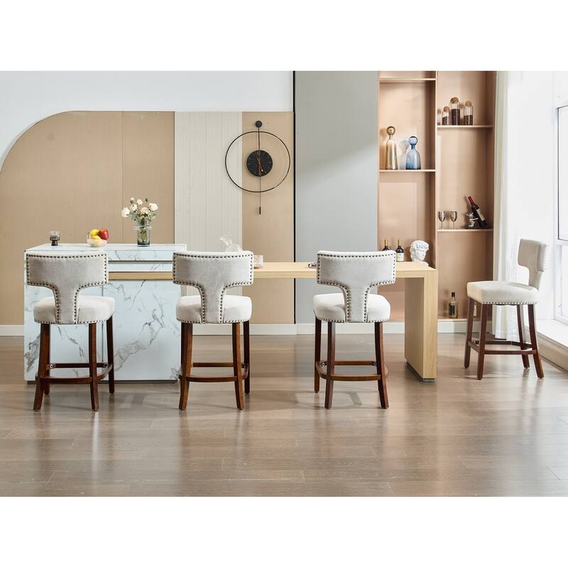 Counter Height Bar Stools Set of 2, Farmhouse Linen Fabric Upholstered Accent Chair Curved Backrest with Copper Nails around
