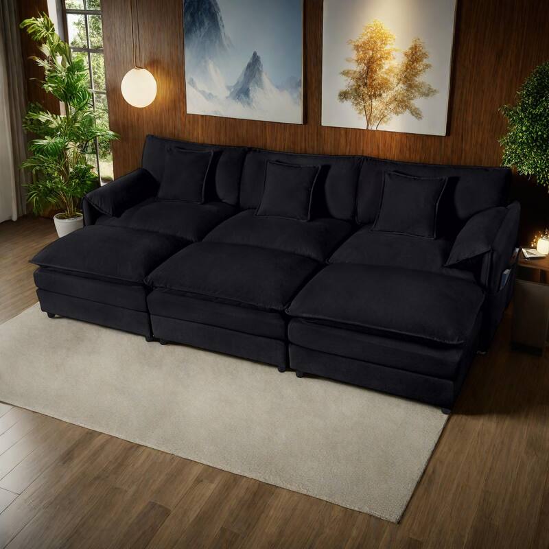 109.45" Chenille Upholstered 3-Seater Sleeper Modular Sectional Sofa with Double-Layer Cushions, DIY Combination - Black