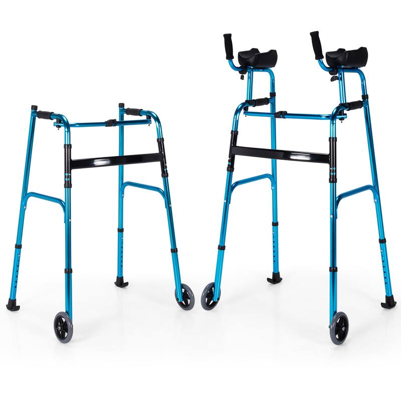 Costway Folding Wheel Walking Frame Adjustable Alloy Walker W/Armrest - See Details