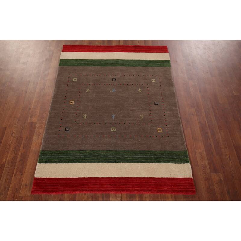 Brown Striped Gabbeh Oriental Accent Rug Handmade Wool Carpet - 3'11"x 5'7"