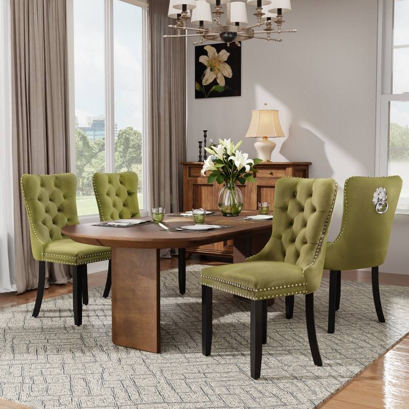 High-end Tufted Velvet Upholstered Nailhead Dining Chair Set of 4 - Olive Green