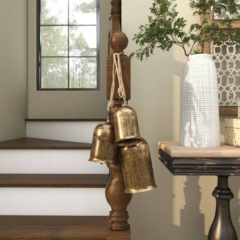 Metal Tibetan Inspired Decorative Cow Bells with Jute Hanging Rope - Set of 3 - Roche River Decor