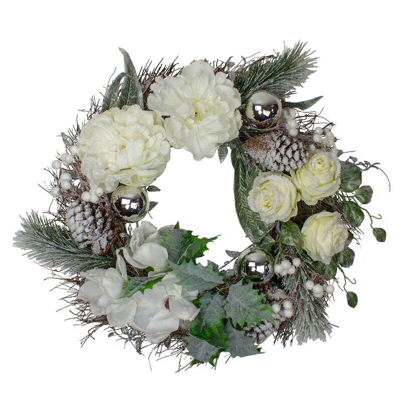 White Silver Floral Flocked Pine Artificial Grapevine Wreath 24"
