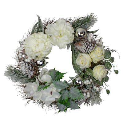 White Silver Floral Flocked Pine Artificial Grapevine Wreath 24"