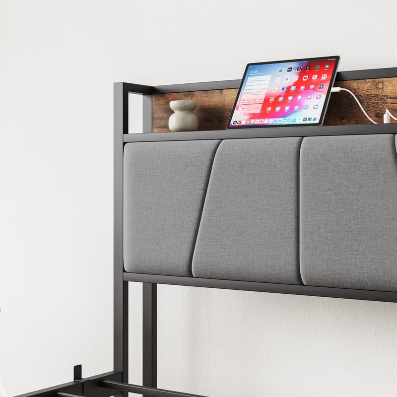 Metal&Wood Platform Bed with Storage Linen Headboard and Charging Station