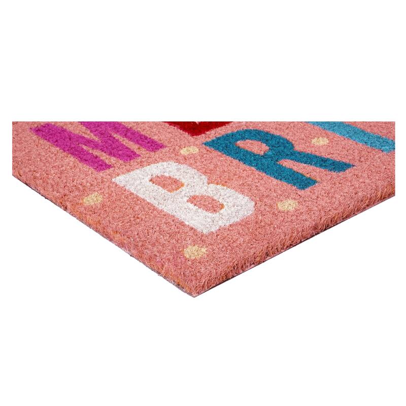 HomeRoots 17" X 29" Pink Blue And White Christmas Merry and Bright Outdoor Coir Door Mat - 17.00' X '29.00