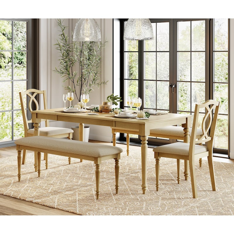 5-Piece Dining Table Set, Farmhouse Wood Dining Room Set for 6, Oak