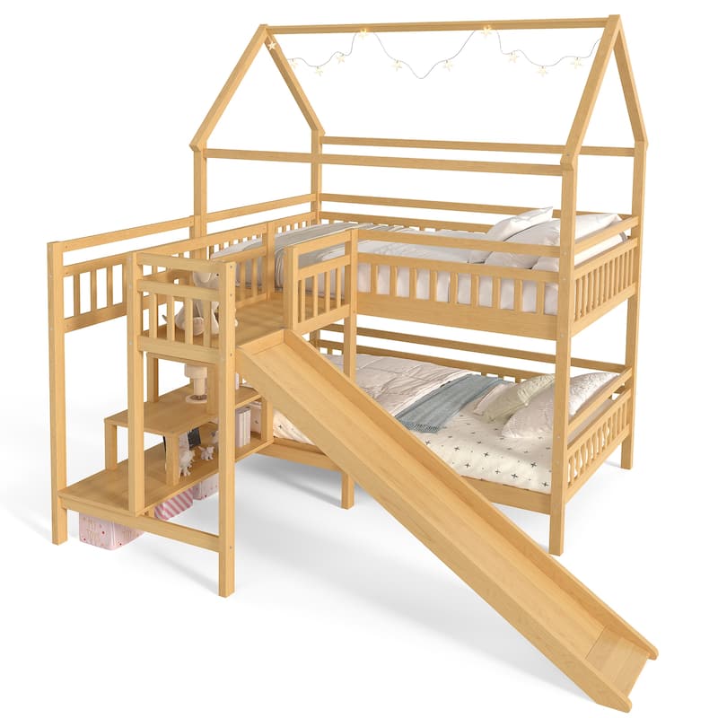 Full/Twin House-Shaped Bunk Bed with Slide & Storage Stairs, Playhouse Bed with Two Placement Methods