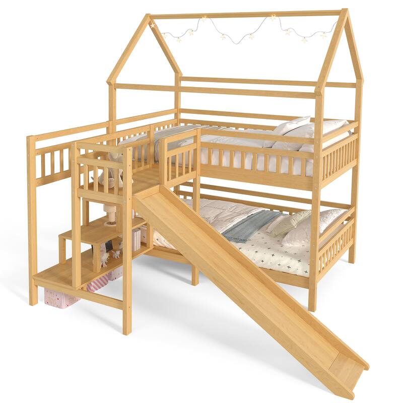 House-shaped Bunk Bed Playful Kids Bed Frame with Storage Stairs, Slide and 2 Placement Methods for Boys and Girls