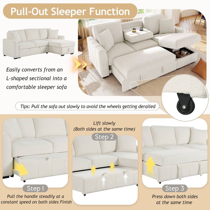 90" L-Shaped Sectional Sleeper Sofa - Reversible Storage Chaise, Drop-Down Center Console, Modular Living Room Couch