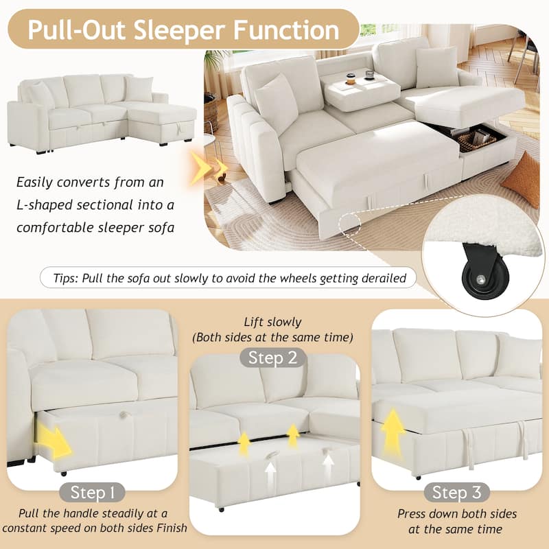 Roomfitters 90" L-Shaped Sectional Sleeper Sofa with Storage Chaise and Pull Out Bed, Fold Down Cup Holder Table