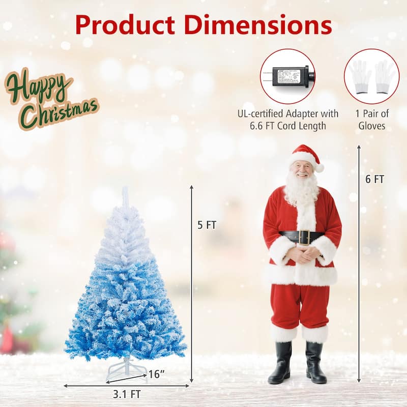 5/6/7/8 FT Pre-Lit Snow Flocked Christmas Tree Artificial Hinged Tree - Blue+White - 5 Foot