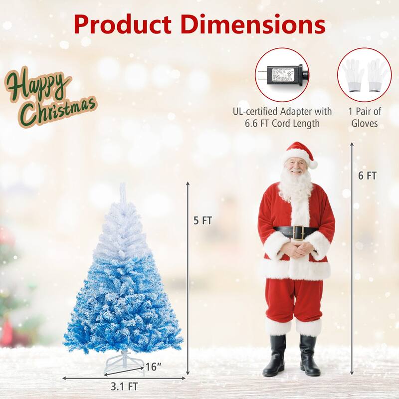 Gymax 5/6/7/8 FT Artificial Christmas Tree Hinged Snow Flocked Xmas - Blue, White