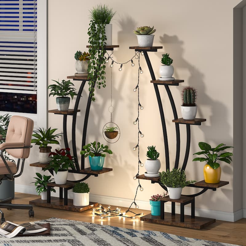6 Tier Plant Stand Pack of 2, Multipurpose Flower Potted Plant Display Shelf Rack with 2 Hooks for Living Room Garden Balcony