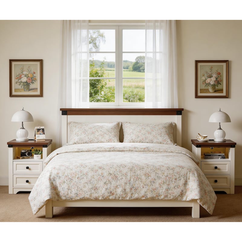 Farmhouse Side Table with Charging Station, Antique Nightstands with Drawers, Bedside Table with Open Shelf for Bedroom