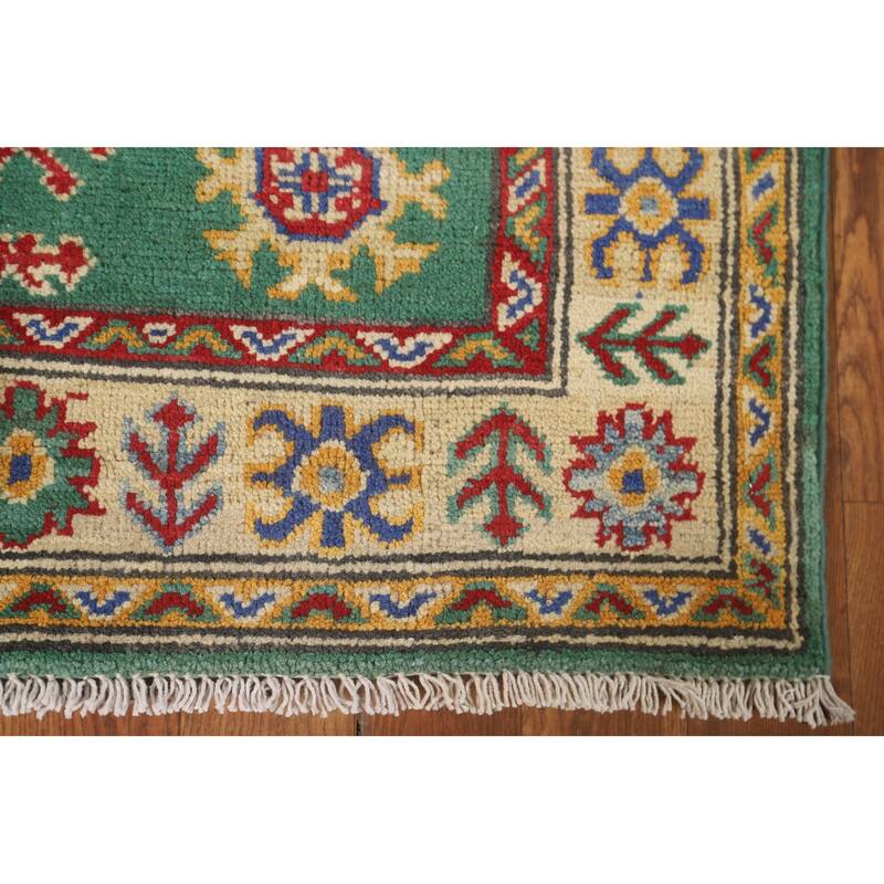 Green Geometric Kazak Runner Rug Handmade Wool Carpet - 2'8" x 16'2"