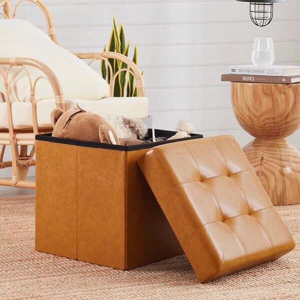 Ornavo Home Tufted Faux Leather Square Cube Storage Ottoman Cognac