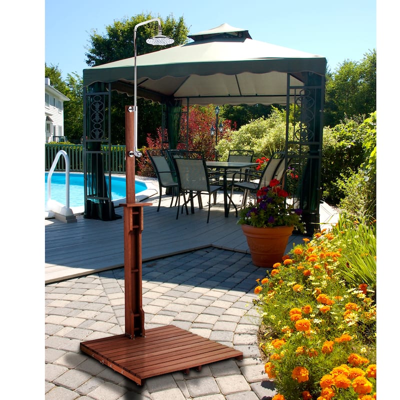 SEI Furniture Parson Oiled Eucalyptus Freestanding Outdoor Shower with Slatted Wood Base and Soap Dish