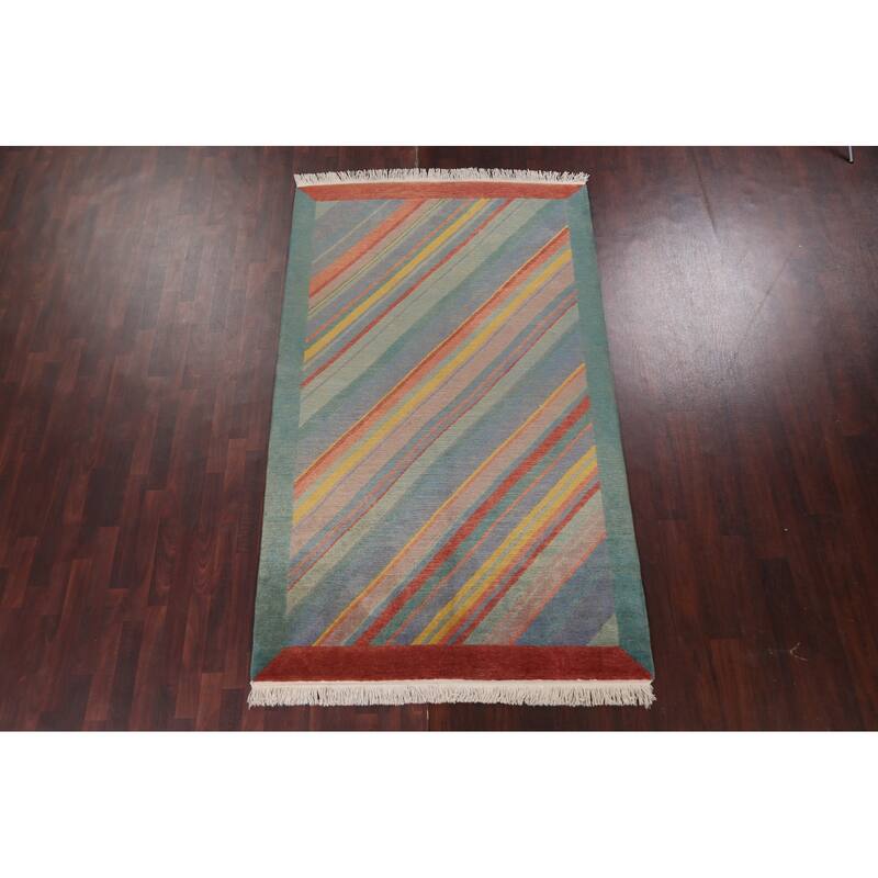 Striped Vegetable Dye Nepalese Wool Area Rug Hand-knotted Foyer Carpet - 5'0" x 8'5"