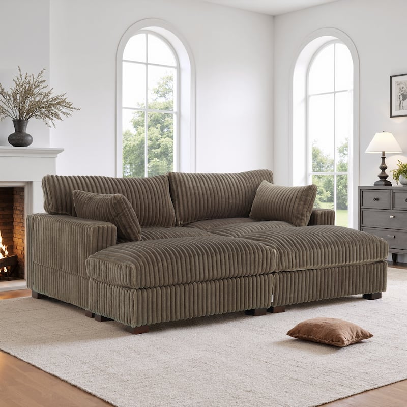 Oversied Plush Corduroy Fabric Modular Sectional Sofa with Chaise, Ottoman - Right Facing - Light Brown-3 Pieces