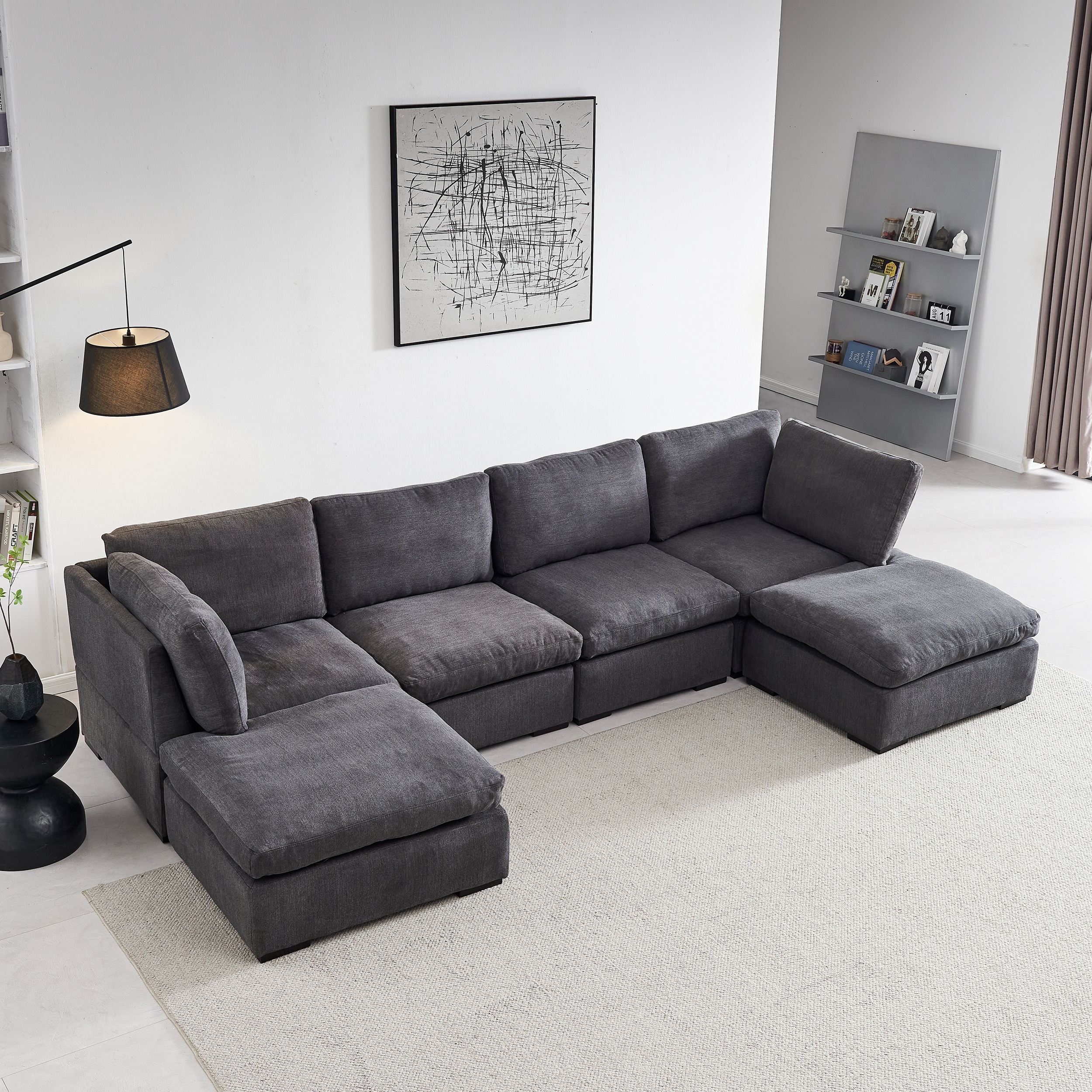 L Shape Modular Soft Fabric 4 Seat Sofa w/2 Ottoman,Dark