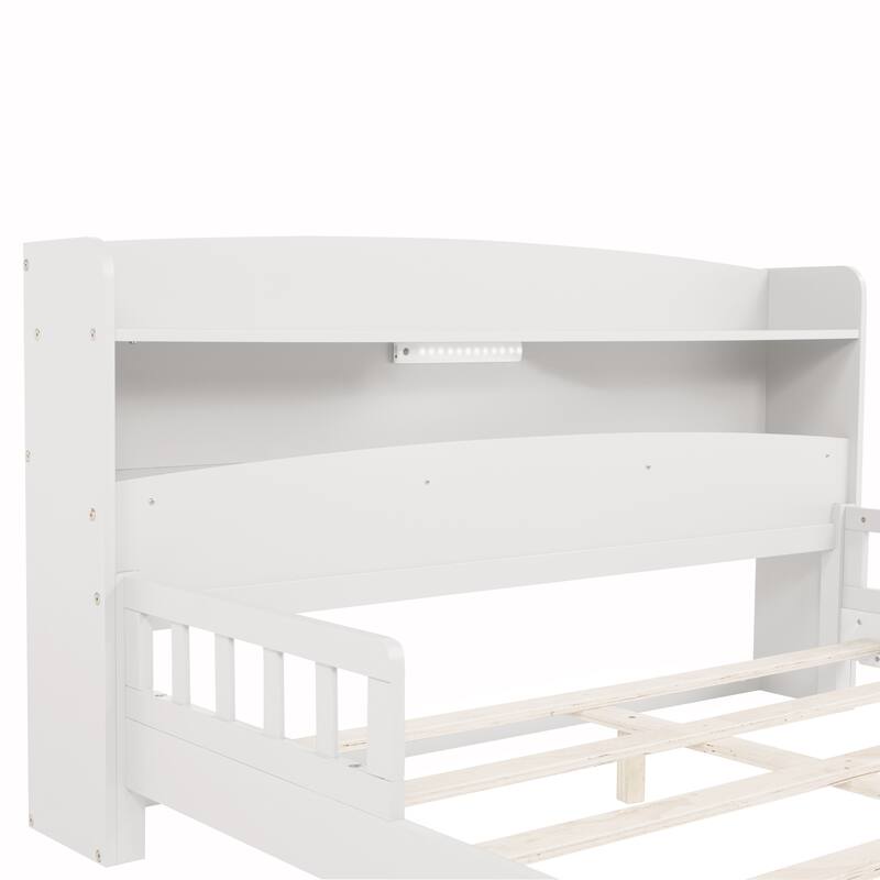 Full Size Platform Bed with LED Motion Sensor Light, Bookcase, And Adjustable Guardrails