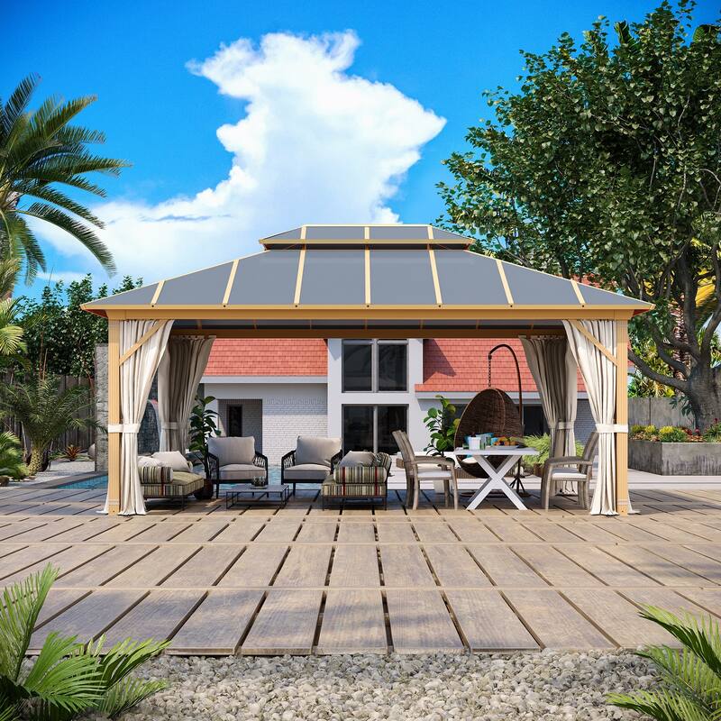 Aluminum Hardtop Gazebo for Patio, Outdoor Waterproof Pavilion with Netting and Curtains, Weather-Resistant Canopy for Backyard.