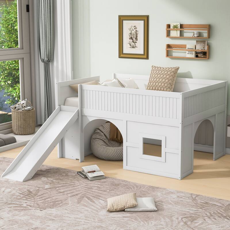 Roomfitters Full Low Loft Bed with Slide, Storage Shelves and Window Design