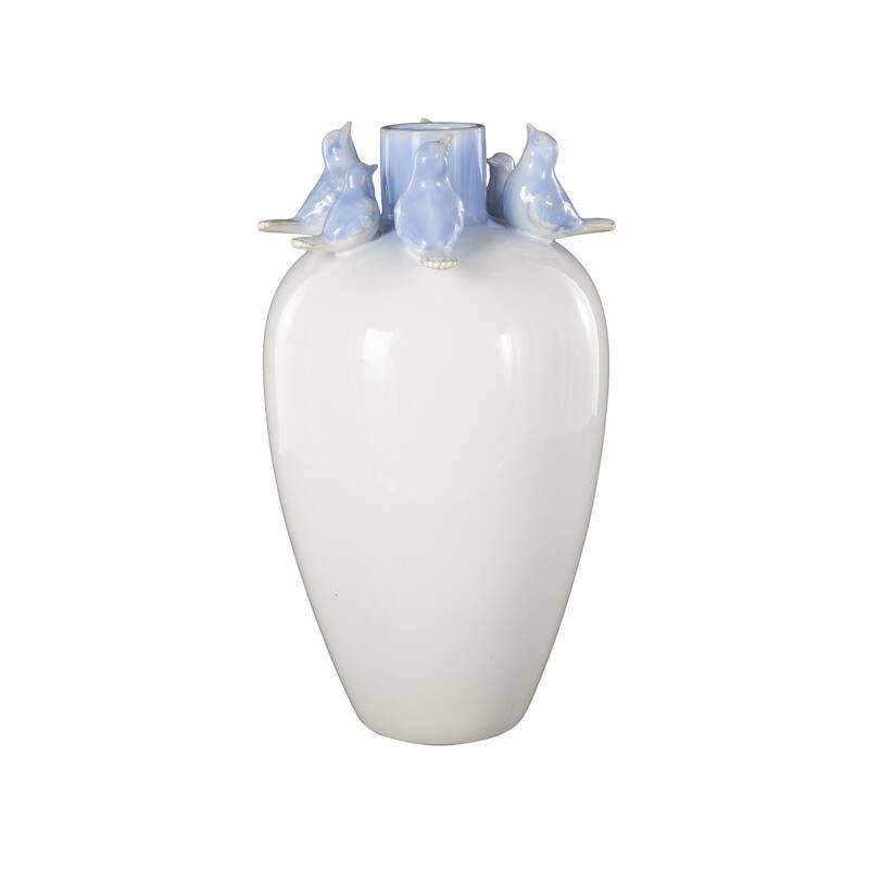 White Ceramic Bird Decorative Vase with Blue Accents