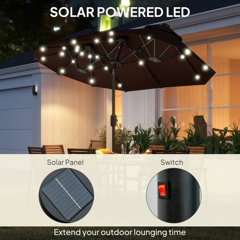 Outdoor Double-Sided Patio Umbrella with 40-Degree Tiltable Canopy 35 Solar LED Lights Steel Frame and Weighted Base