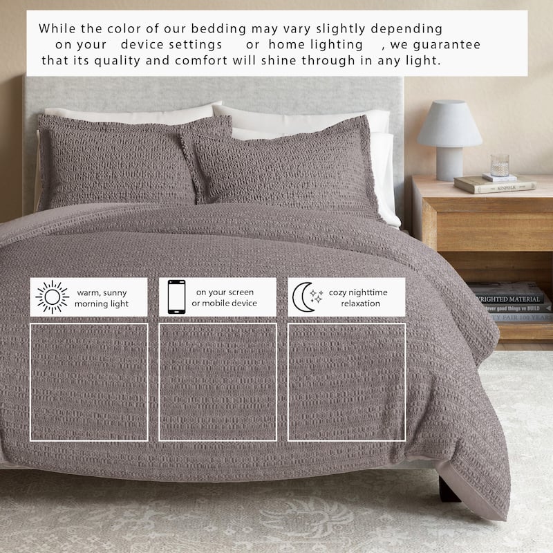 Linery & Co. 100% Cotton Reversible Honeycomb Waffle / Percale Duvet Cover Set