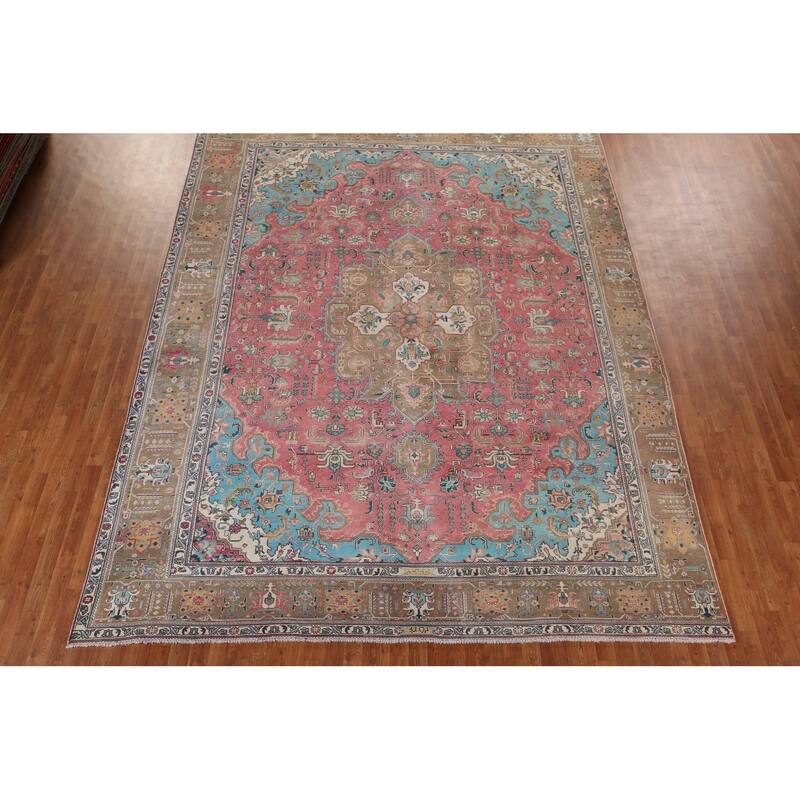 Pink Tabriz Persian Vintage Area Rug Handmade Wool Carpet - 9'11" x 13'4"