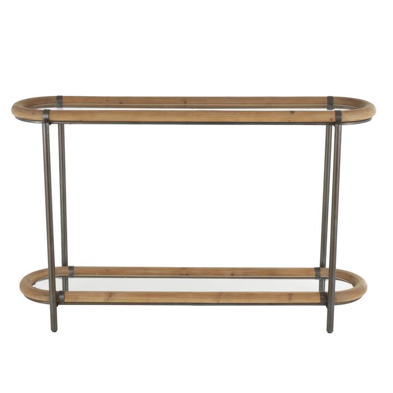 Metal Oval 1 Shelf Console Table with Brown Wooden Framed Glass Tabletop - Brass - Roche River Decor