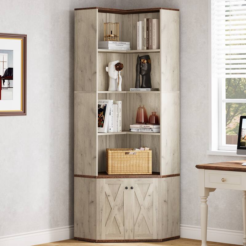 Farmhouse L-Shaped Corner Shelf Bookcase with Hidden Cabinet - Oak