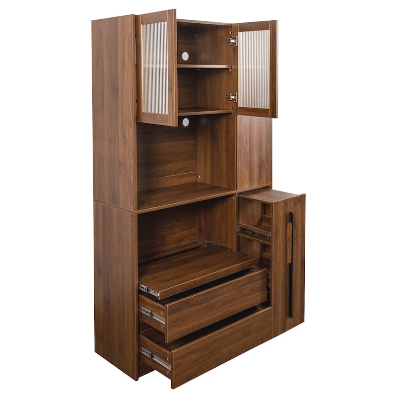 GDFStudio - Harry 70.87" Freestanding Multi-Function Pantry Cabinet with Pull-Out Shelves, Drawers & Microwave Stand