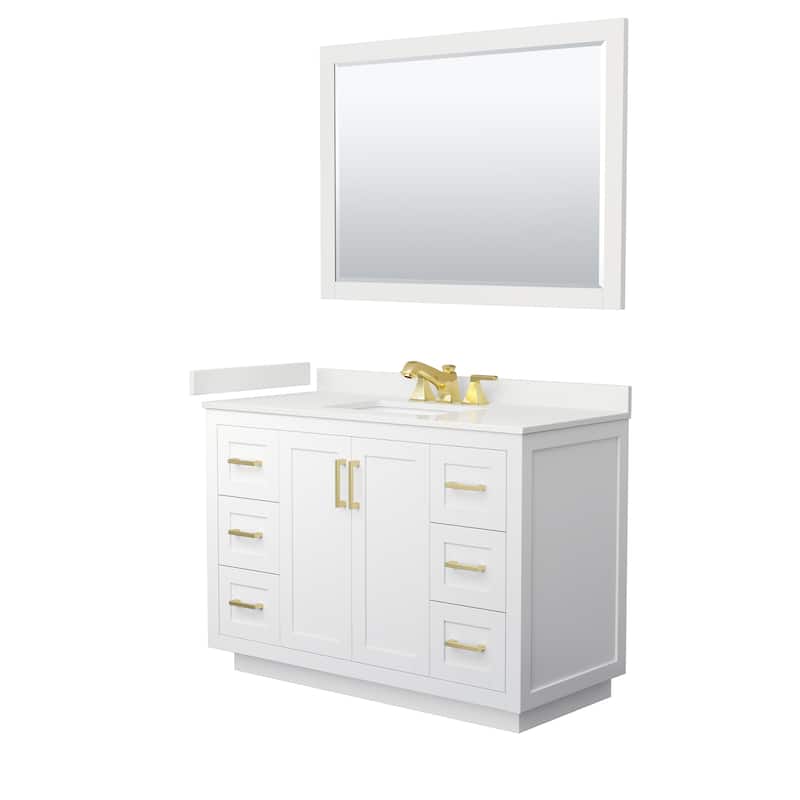 Miranda 48-inch Single Vanity, Quartz Top, 46-inch Mirror - White, Gold Trim, White Quartz Top