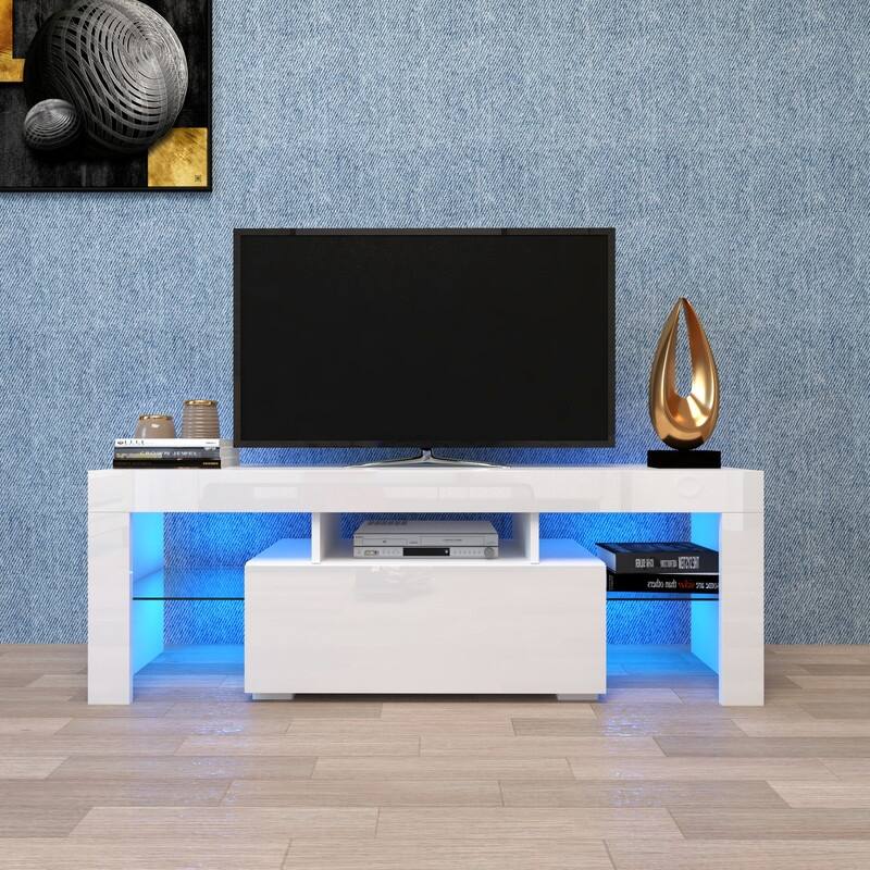 Entertainment TV Stand, Large TV Stand TV Base Stand with LED Light TV Cabinet - White