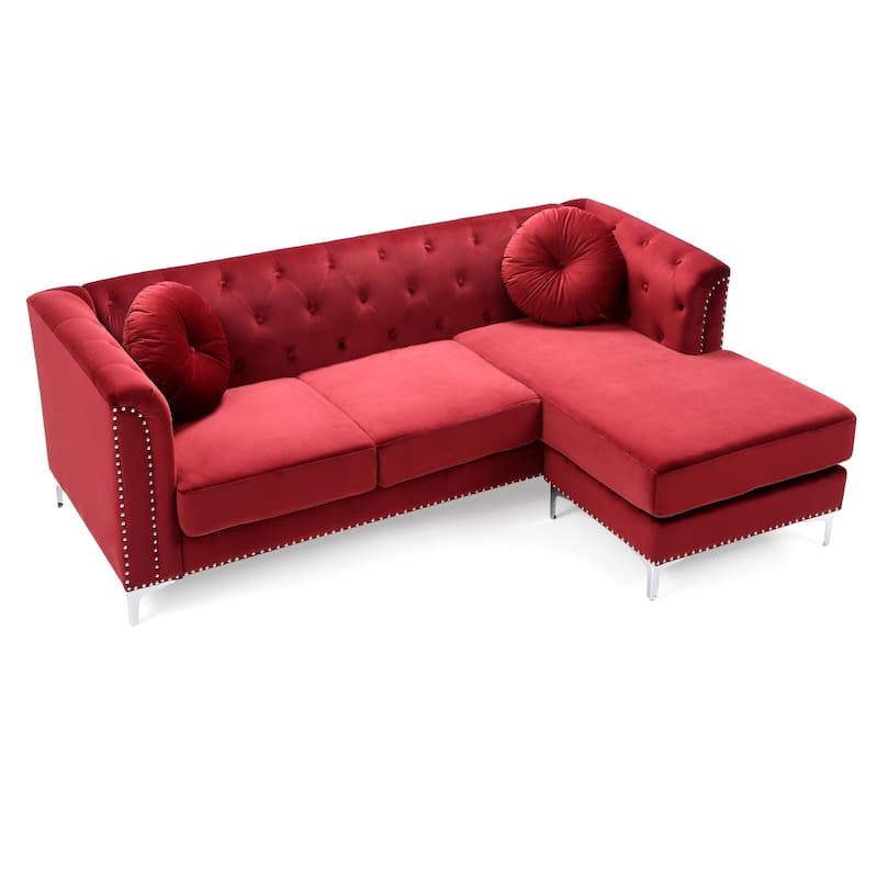 Nailhead Trim Tufted Velvet Sectional Sofa with Throw Pillows - 83" - Burgundy