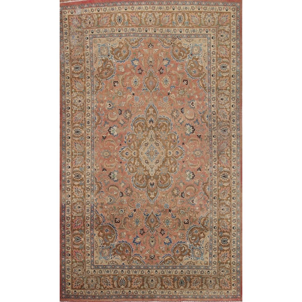 Hand Knotted Oriental 100% Wool Carpet Traditional Floral Pink Mashad Area Rug - 9' 6'' X 6' 3''