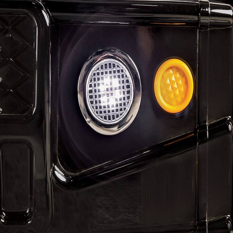 Jacky Kids Twin Bed with Off-Road Car Design, LED Headlights, Black Wood