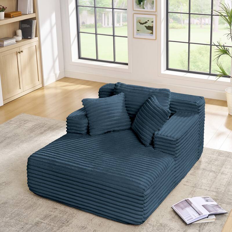 Fluffy Corduroy Upholstered Cloud Chaise Lounge Sofa Bed, Versatile Foam Compressed Deep Seat Couch with Pillows - Blue