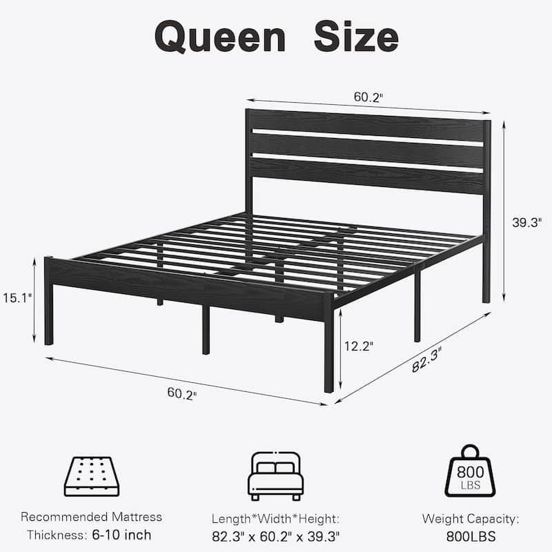 Javlergo Platform Bed Frame with Wood Headboard, Strong Metal Slats Support No Box Spring Needed