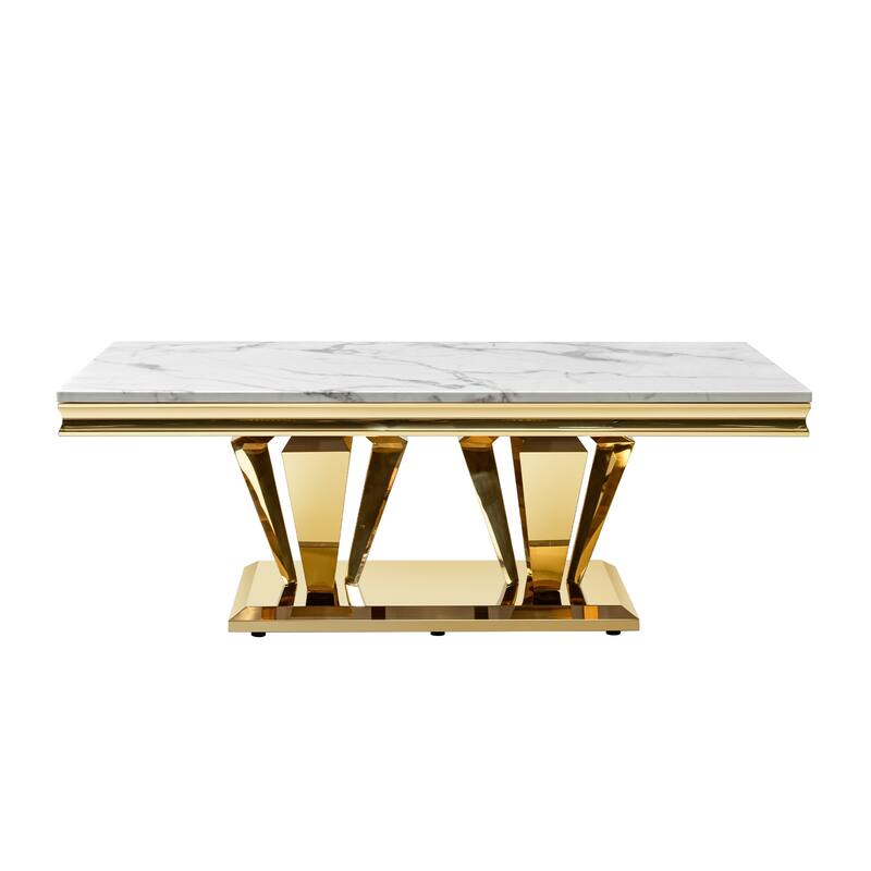 58.18" Modern Rectangular 0.78" Thick MDF Marble Pattern Top,Coffee Table Stainless Steel Base with Gold Mirror Finish